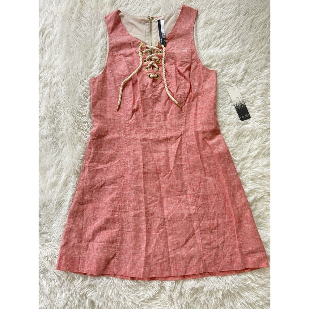 Kensie Linen Blend Mini Dress L NWT Coral Pink Lace Up Nautical Summer Sleeveles - Picture 7 of 12